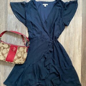 Miami Navy Blue Ruffle Wrap V-Neck Short Sleeve Mini‎ Dress Size Large